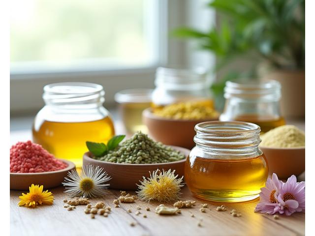 厳重に保管された天然原料、ハーブやオイル